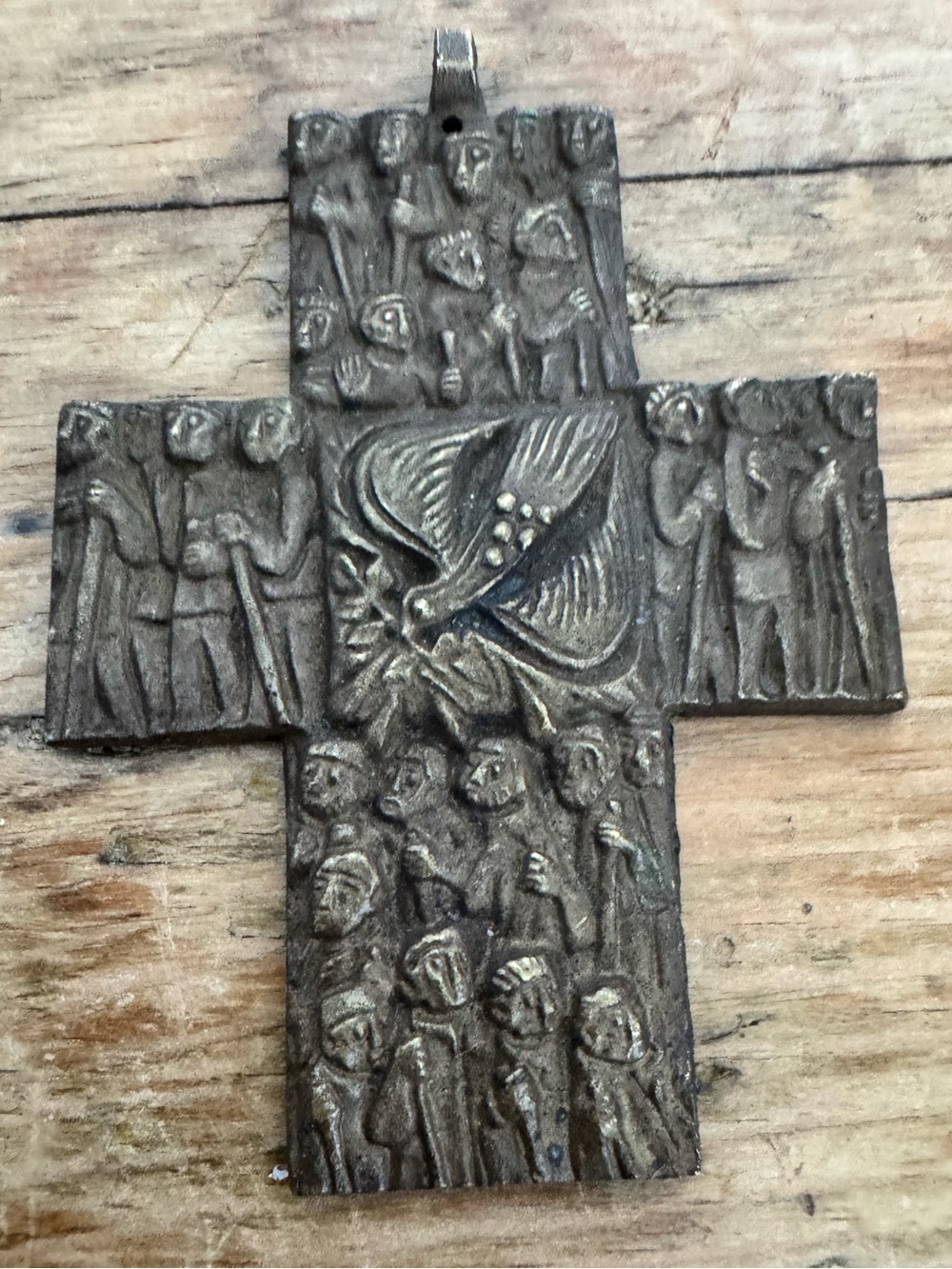 Bronze or brass religious devotional cross with relief scenes Crucifixion
